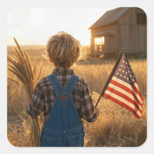 Patriotischer Junge mit amerikanischer Flagge und Quadratischer Aufkleber