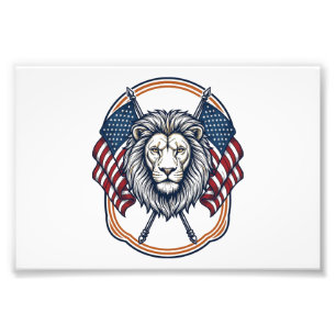 Patriotischer Löwe mit amerikanischen Flaggen Vint Fotodruck