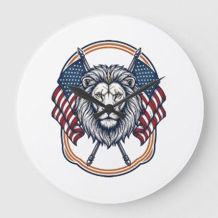Patriotischer Löwe mit amerikanischen Flaggen Vint Große Wanduhr