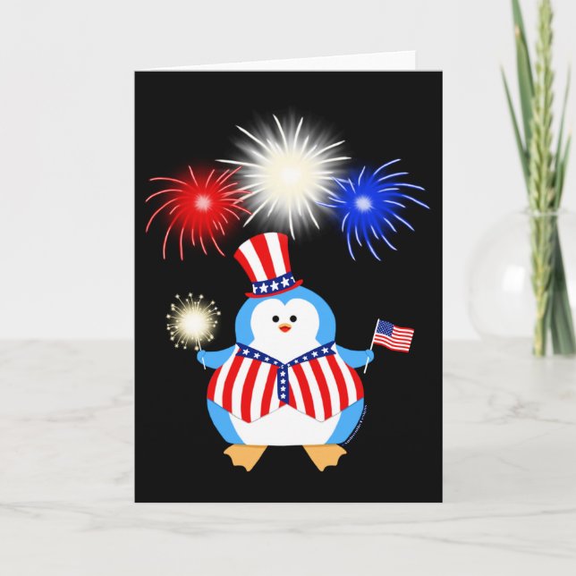 Patriotischer Pinguin mit Feuerwerken Karte (Vorderseite)