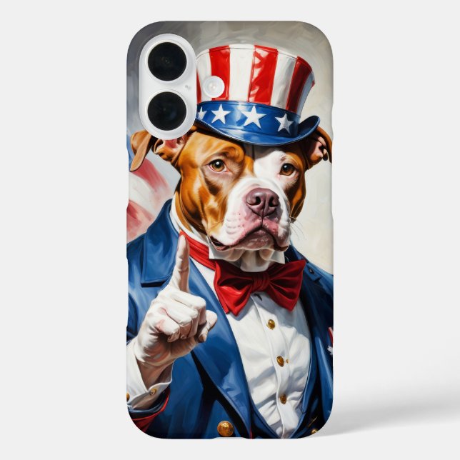 Patriotischer Pitbull-Hund in Uncle Sam Pose iPhone 16 Hülle (Rückseite)