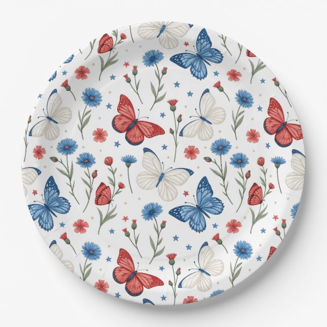 Patriotischer Schmetterling und Blumenmuster Pappteller (Vorderseite)