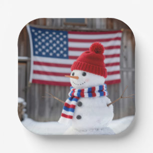 Patriotischer Schneemann mit amerikanischer Flagge Pappteller