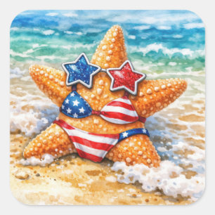 Patriotischer Seestern im Strandsand Quadratischer Aufkleber