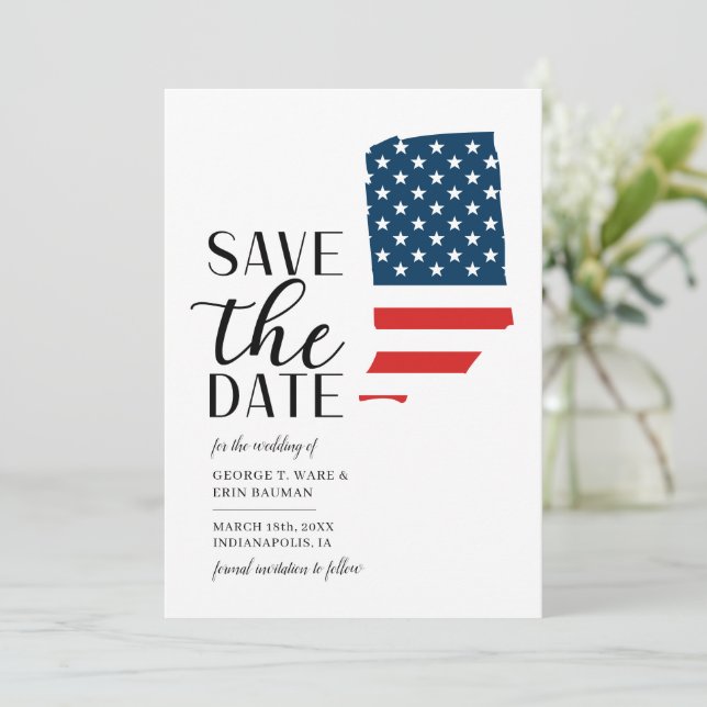 Patriotischer Staat Indiana Hochzeit in Urlaubsort Save The Date (Stehend Vorderseite)