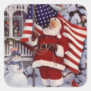 Patriotischer Weihnachtsmann mit amerikanischer Fl Quadratischer Aufkleber