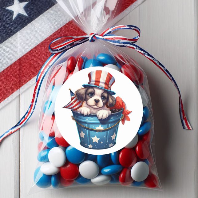 Patriotischer Welpenhund Red White Blue Top Hat Runder Aufkleber (4th of July puppy sticker)