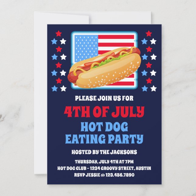 Patriotisches 4. Juli Hot Dog Party Einladung (Vorderseite)