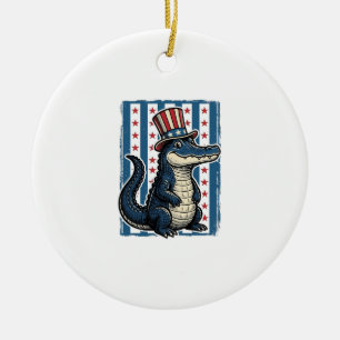 Patriotisches Alligator-Vintage-Stich-Shirt-Design Keramik Ornament