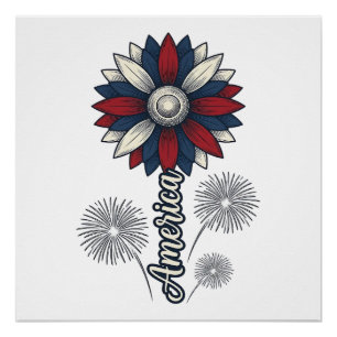 Patriotisches Amerika-Blumen-Feuerwerk-Vektordesig Poster