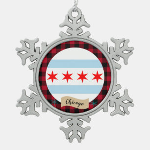 Patriotisches Chicago, Büffelkariert, Chicago-Flag Schneeflocken Zinn-Ornament
