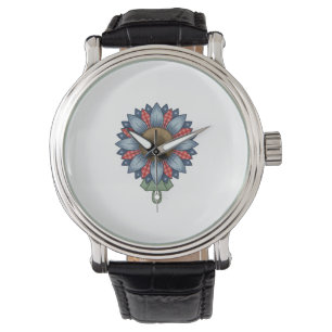 Patriotisches Denim-Sonnenblumen-Ornament Vintage Armbanduhr