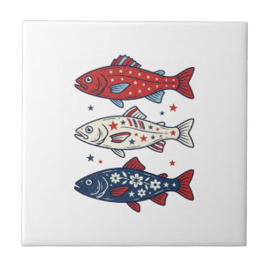 Patriotisches Drei-Fisch-Vintage-Stickerei-Shirt-D Fliese