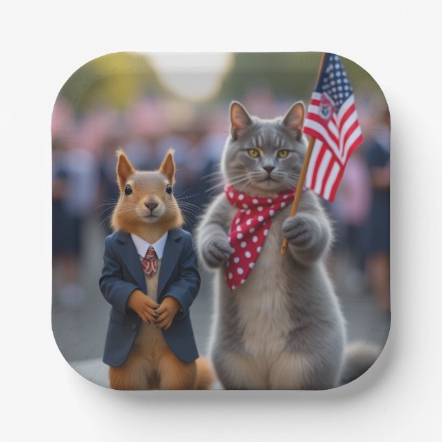 Patriotisches Eichhörnchen und Katze Pappteller (Vorderseite)
