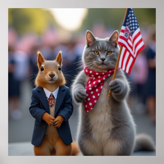 Patriotisches Eichhörnchen und Katze Poster (Vorne)