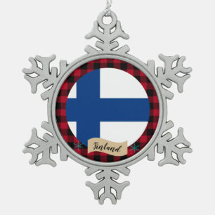 Patriotisches Finnland, Büffel kariert, finnische Schneeflocken Zinn-Ornament