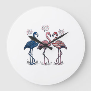 Patriotisches Flamingo-Trio Vintage-Stich-Design_1 Große Wanduhr