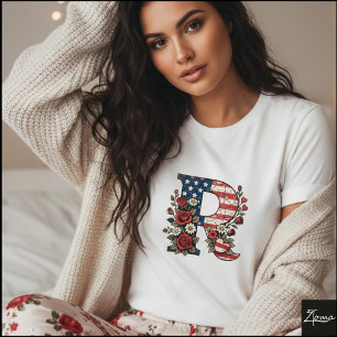 Patriotisches florales Buchstaben-R-Kranzdesign T-Shirt