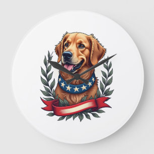 Patriotisches Golden Retriever-Americana-Kunst-T-S Große Wanduhr