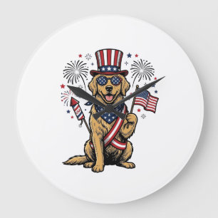 Patriotisches Golden Retriever Feuerwerk Vintage-S Große Wanduhr