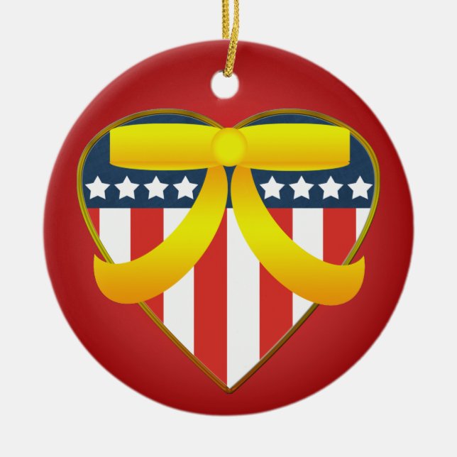 Patriotisches Herz Gelbe Schleife Ornament (Vorne)