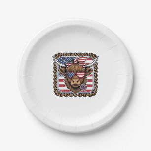 Patriotisches Highland-Rind Vintage-Stich-Design ( Pappteller
