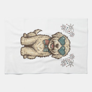 Patriotisches Hund-Feuerwerk Vintage-Shirt-Design Geschirrtuch