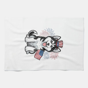 Patriotisches Husky-Welpen-Vintage-Gravur-Shirt-De Geschirrtuch