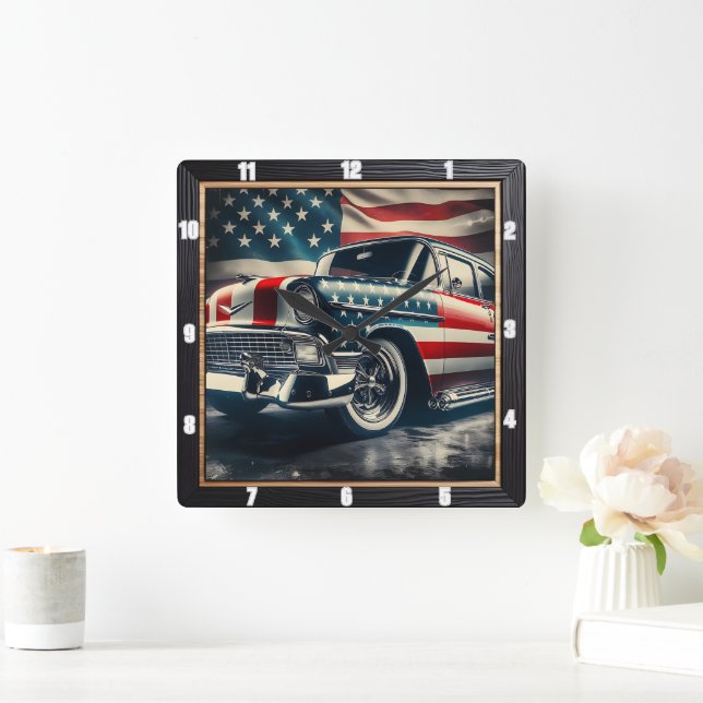Patriotisches Klassisches Auto Quadratische Wanduhr (Zuhause)