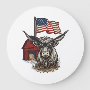 Patriotisches Longhorn-Rind und rotes Scheunenvekt Große Wanduhr