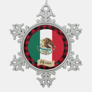 Patriotisches Mexiko, kariert roter Büffel, mexika Schneeflocken Zinn-Ornament