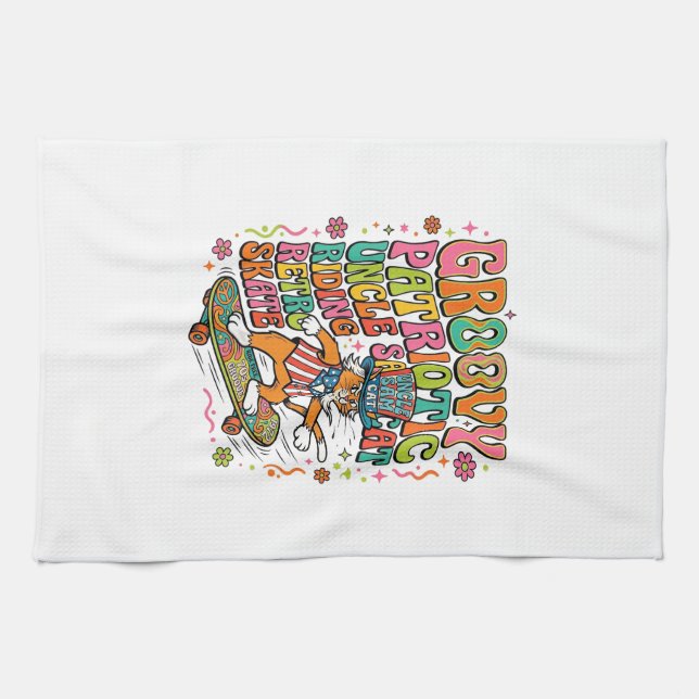 Patriotisches Onkel-Sam-Katze Retro-Typografie T-S Geschirrtuch (Horizontal)
