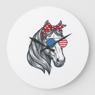 Patriotisches Pferd mit Flagge Sonnenbrille Vintag Große Wanduhr