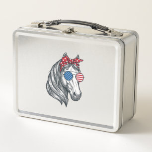 Patriotisches Pferd mit Flagge Sonnenbrille Vintag Metall Brotdose