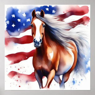 Patriotisches Pferd mit US-Flaggen-Aquarell-Poster Poster