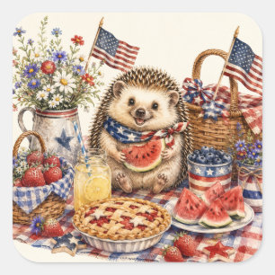 Patriotisches Picknick-Igel-Wasserfarben-Design Quadratischer Aufkleber