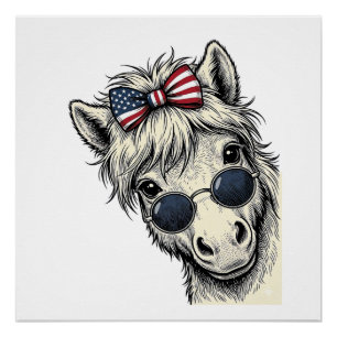Patriotisches Pony mit Sonnenbrille Vintage-Vektor Poster