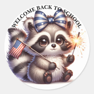 Patriotisches Raccoon zurück zur Schule Runder Aufkleber