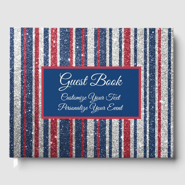 Patriotisches Red White Blue Glitzer Stripmuster Gästebuch (Vorderseite)