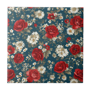 Patriotisches Rot Blau Weiß Floral (11) Fliese