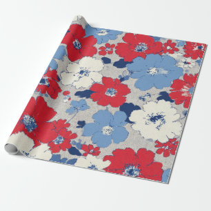 Patriotisches Rot Blau Weiß Floral (12) Geschenkpapier