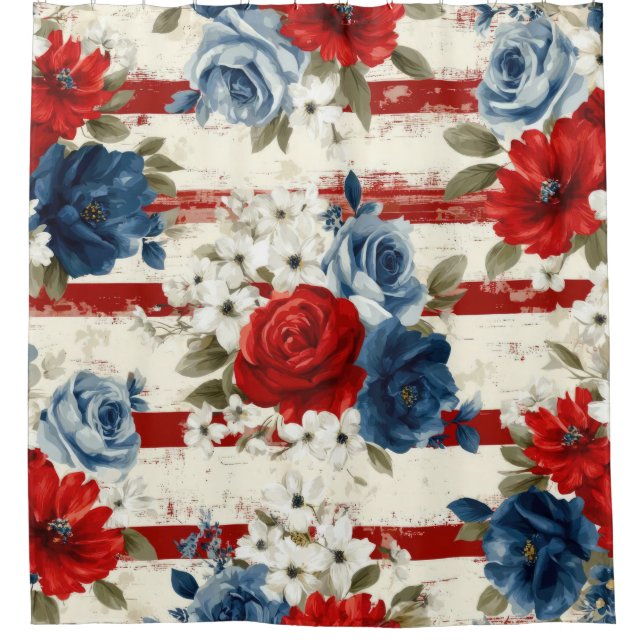 Patriotisches Rot Blau Weiß Floral (2) Duschvorhang (Vorderseite)