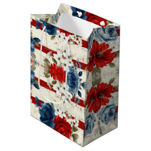 Patriotisches Rot Blau Weiß Floral (2) Mittlere Geschenktüte