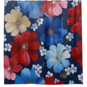 Patriotisches Rot Blau Weiß Floral (9) Duschvorhang