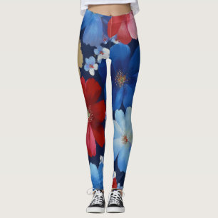 Patriotisches Rot Blau Weiß Floral (9) Leggings