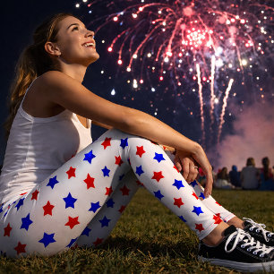 Patriotisches Rot- und Blau-Sternmuster auf Weiß  Leggings