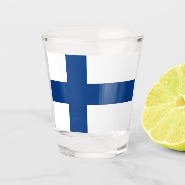 Patriotisches Schießglas mit finnischer Flagge Schnapsglas (Vorderseite)