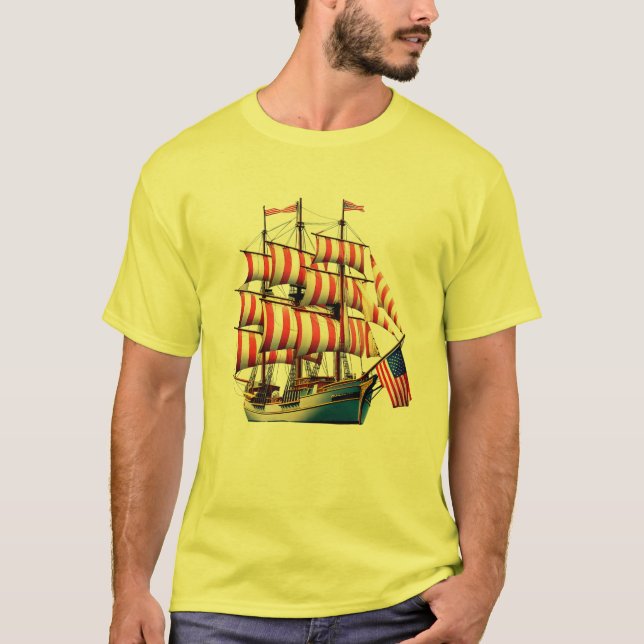 Patriotisches Segelschiff mit amerikanischen Flag- T-Shirt (Vorderseite)