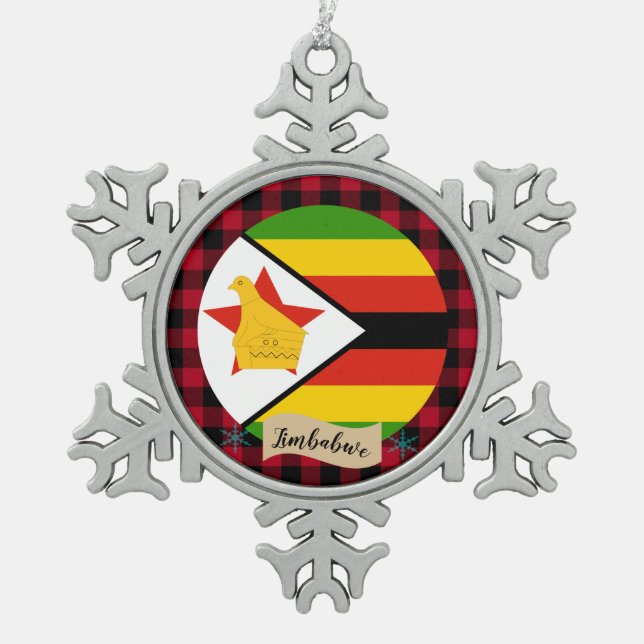 Patriotisches Simbabwe, Büffel kariert, Flagge Sim Schneeflocken Zinn-Ornament (Vorderseite)