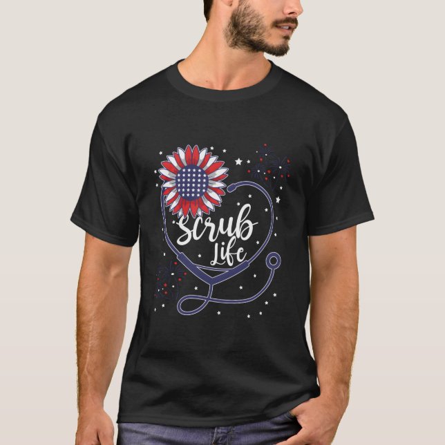 Patriotisches Stethoskop Sonnenblumen Scrub Lebens T-Shirt (Vorderseite)